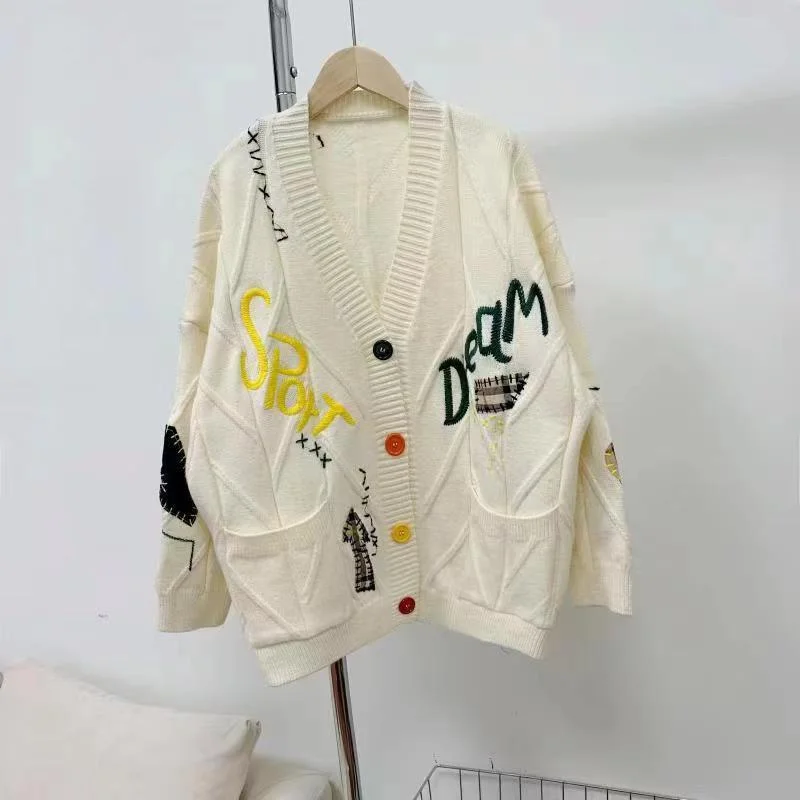Women Fashion Loose Multicolor Embroidered V-Neck Sweater Coat Nylon Fabric Polyester Fabric Spandex Fabric