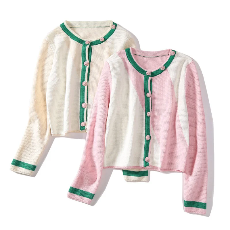 Women Simple Color-Blocking Round Neck Short Knitted Sweater Stylish Fashionable Trendy