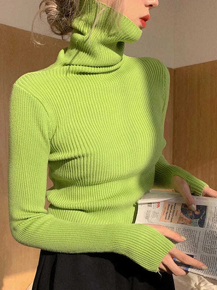 Knitted Sweater Women Korean Version Turtleneck Sweater Winter Solid Color Pullover Slimming Interior Lapping Warm Basic Tops Cap Sleeve Casual