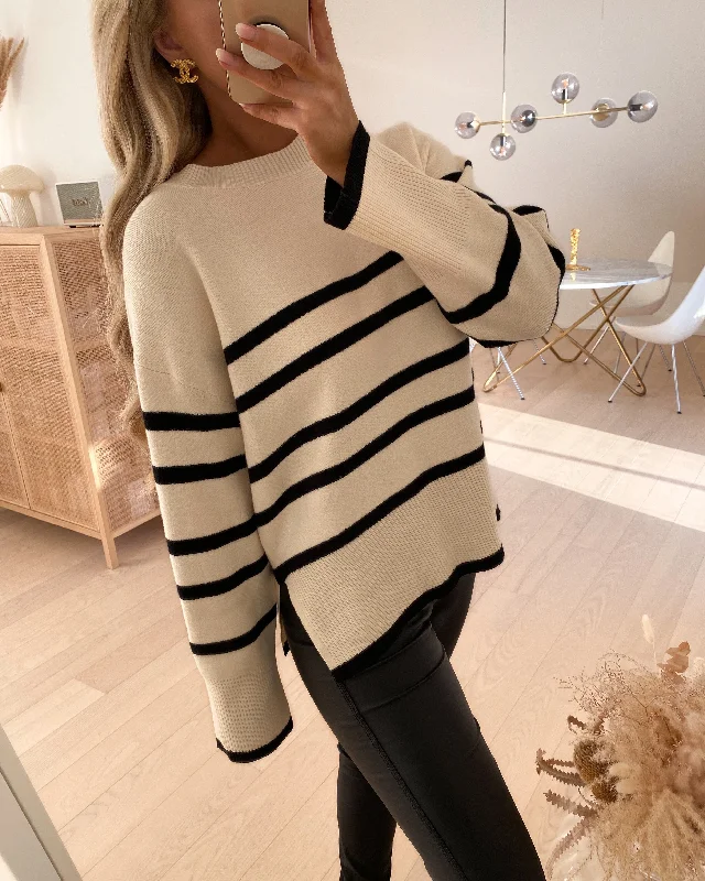 Vero Moda striktrøje saba ls o-neck pullover birch/black Peter Pan Collar