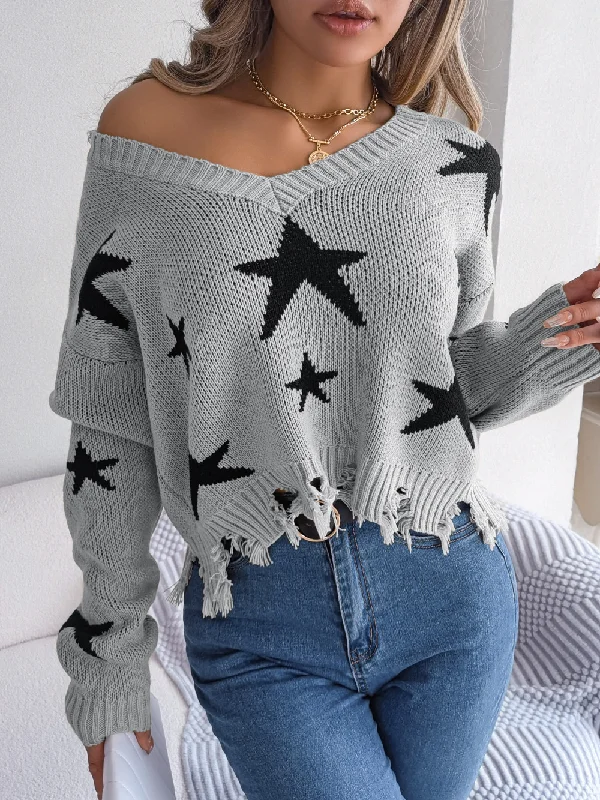 Women Fashion Casual V-Neck Star Hole Long Sleeve Knitted Sweater Zippered Front Buttoned Front Snap Front