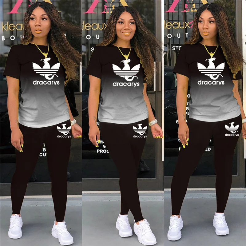 Tracksuits Women 2 Pieces Sets short Sleeve O-Neck Pullover Top Trousers Sportswear Sports Suit Female Clothes Spring 2021 New Bell Sleeve Stylish