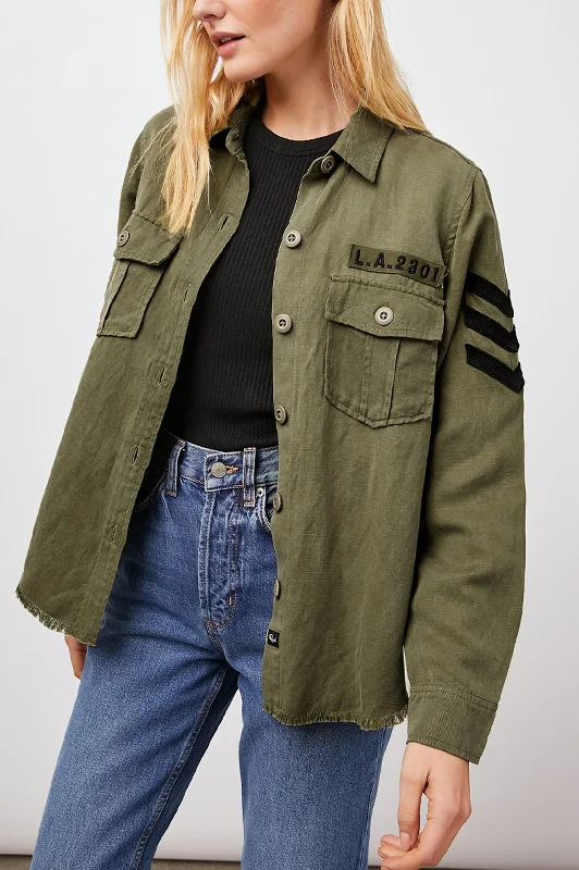 LOREN SHIRT JACKET - OLIVE BLACK MILITARY SATIN PATCHES Notch Collar Peter Pan Collar Cowl Neck
