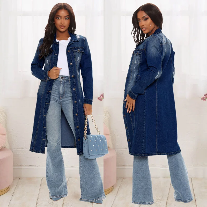 Women'S Fashion Ripped Long Sleeve Denim Jacket Fleece Jacket Down Jacket Parka