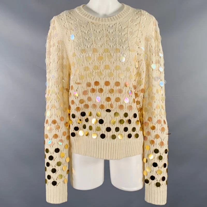 MARC JACOBS Size M Cream Gold Wool Cashmere Payettes Sweater Satin Fabric Silk Fabric Chiffon Fabric