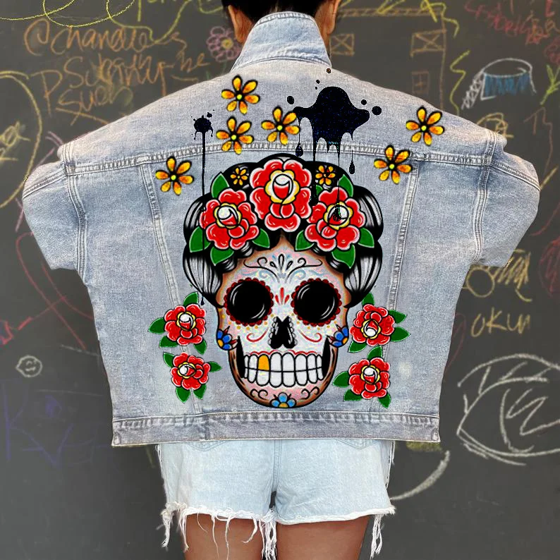 Women Casual Long Sleeves Graphic Printed Single-Breasted Denim Jacket Nylon Jacket Polyester Jacket Spandex Jacket