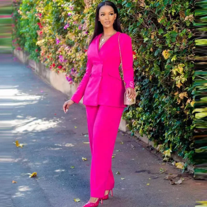 Women Fashion Solid Color V-Neck Long Sleeve Blazer Jacket Wide Leg Pants Two-Piece Set Insulated Jacket Fitted Jacket Loose Jacket