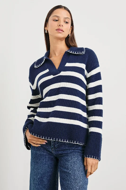 ATHENA SWEATER - NAVY IVORY STRIPE Turtle Neck Boat Neck Asymmetrical Neck