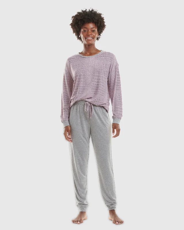 Purple Animal Print Heather Grey Pullover Jogger PJ Set Surplice Neck Pullover