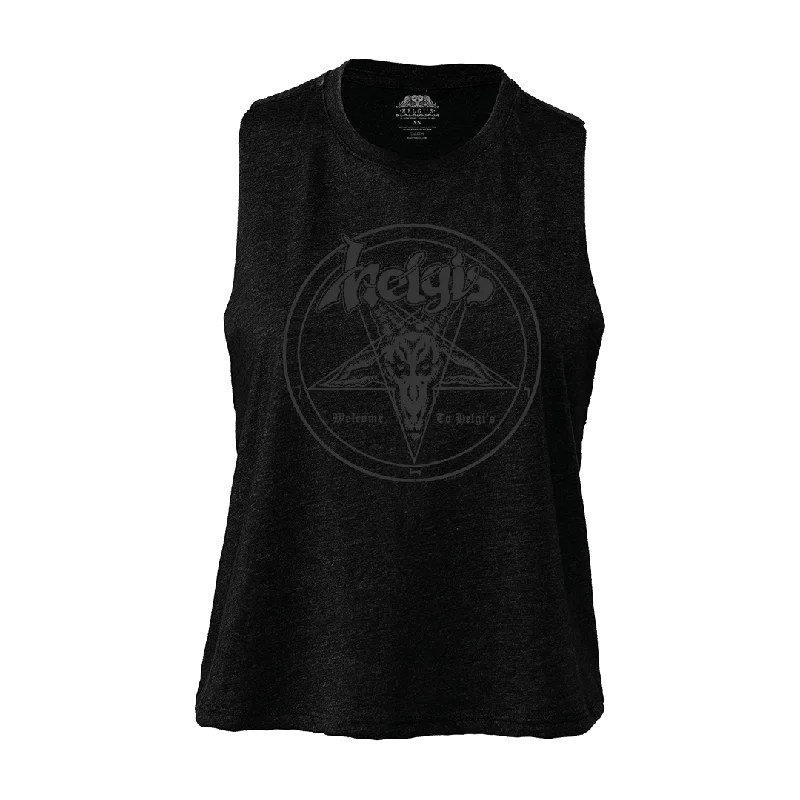 Helgi's - Welcome To Helgi's Black Logo Women's Crop Tank Top - Black rhinestone tank top
