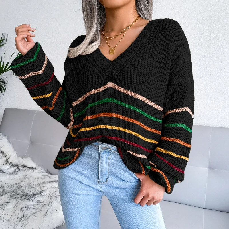 Women Casual Rainbow Stripe Loose V Neck Long Sleeve Knitted Sweater Soft Cozy Warm