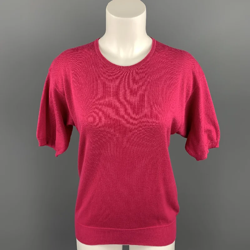 YVES SAINT LAURENT Rive Gauche Size M Fuchsia Cotton Short Sleeve Sweater Transparent Opaque Sheer