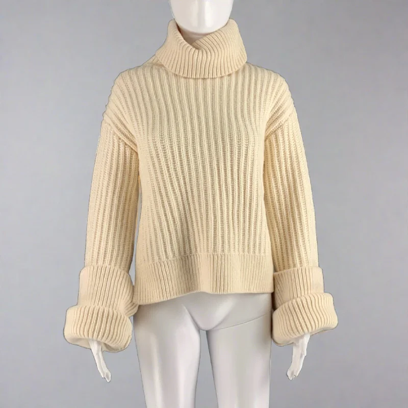 THE ROW Size XS Cream Wool Ribbed Turtleneck Sweater Knit Fabric Woven Fabric Fleece Fabric