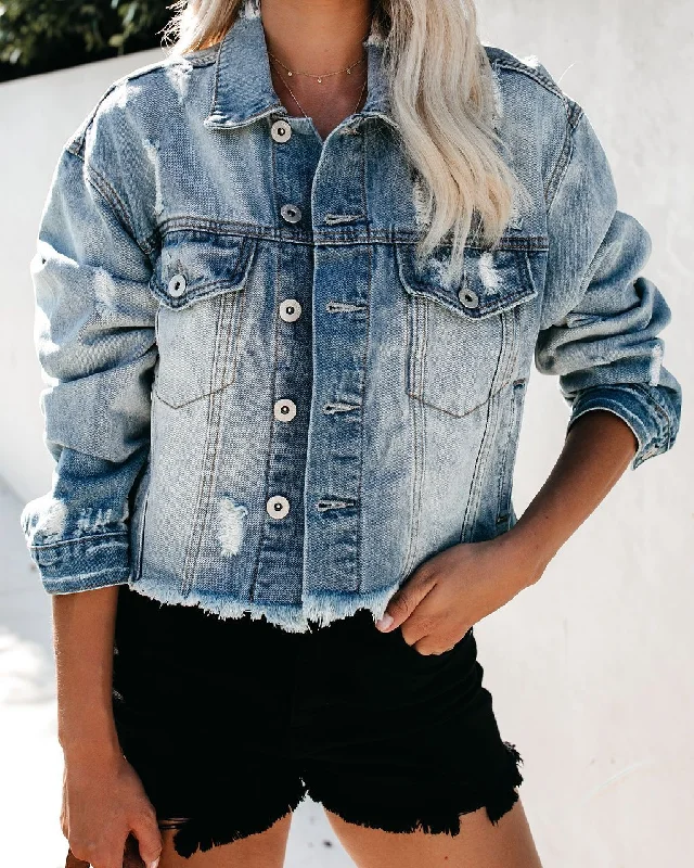 Women Casual Long Sleeve Cropped Slim Single-Breasted Denim Jacket Oversized Jacket Tailored Jacket Straight Jacket