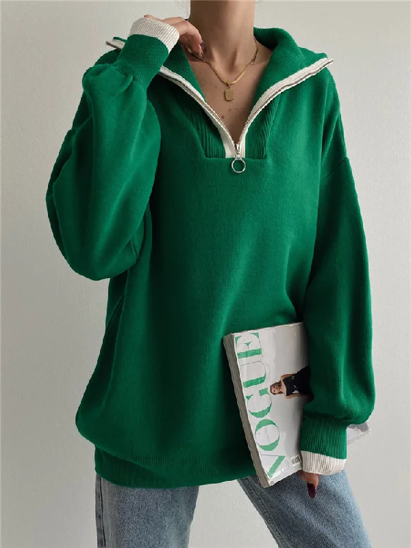 Contrasting Color Lapel Autumn And Winter Sweater Women'S Loose Casual Oversized Knitted Top Jersey Fabric Tulle Fabric Batik Fabric