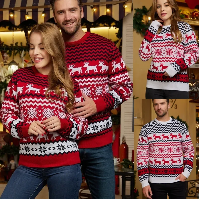 Fashion Winter Couple Men Women Christmas Round Neck Elk Jacquard Long Sleeve Knitted Sweater Cashmere Blend Cotton Blend Poly Blend