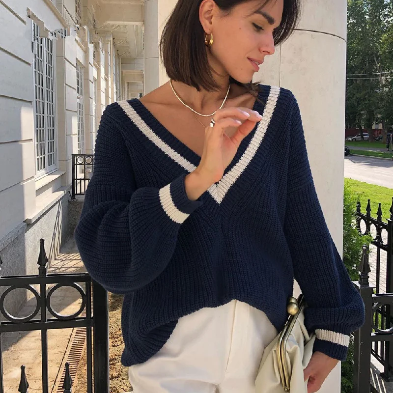 2 Pieces Women Casual Stitching Color Loose V-Neck Long-Sleeved Knitted Sweater Iron Safe Non-Iron Wrinkle Free