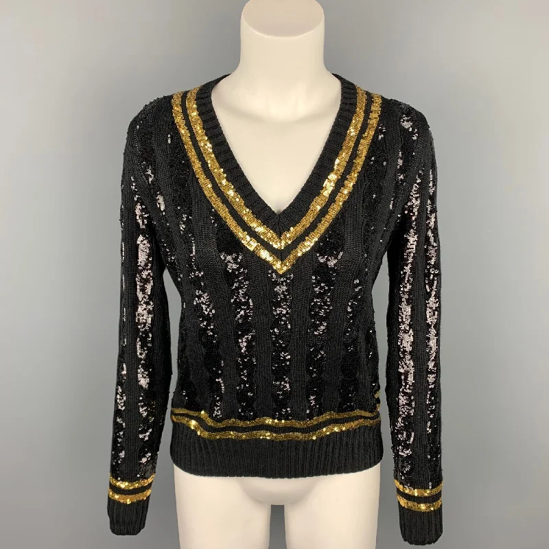 RALPH LAUREN Collection Size M Black & Gold Sequined Striped Silk Sweater Mesh Sweater Canvas Denim