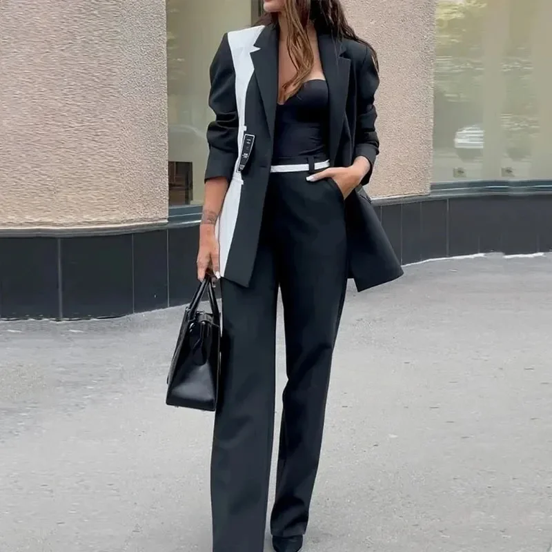 Women Fashion Casual Black White Color Block Blazer Jacket Straight Leg Pants Two-Piece Set Front Pockets Side Pockets Patch Pockets