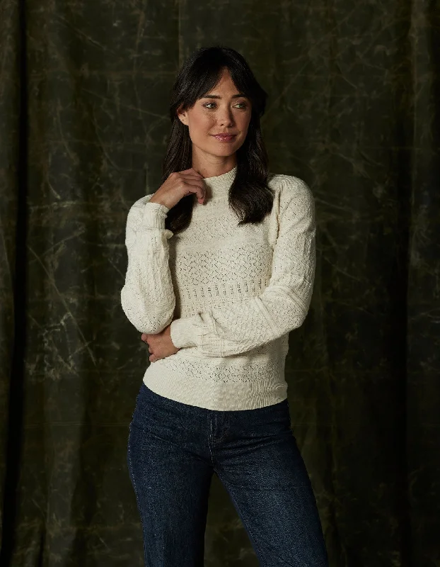 Olivia Pointelle Sweater in Cream Chenille Blend Fleece Blend Nylon Blend