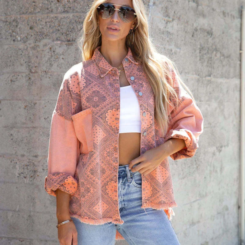 Women Fashion Casual Geometry Totem Printed Loose Vintage Denim Jacket Quilted Jacket Puffer Jacket Insulated Jacket