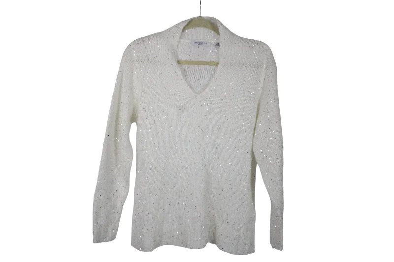 Liz Claiborne White Silver Sequined Sweater | L Petite Collared Crew Neck Turtle Neck