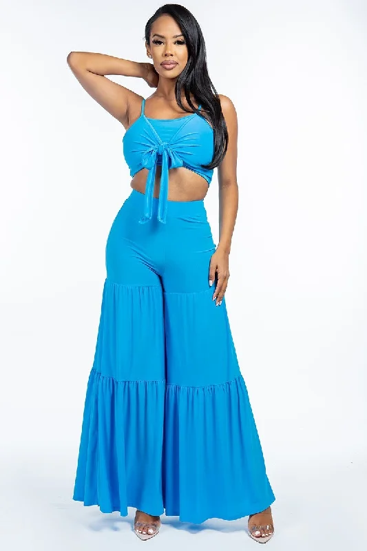 Solid Tie Front Spaghetti Strap Tank Top And Tiered Wide Leg Pants Two Piece Set gym tank top