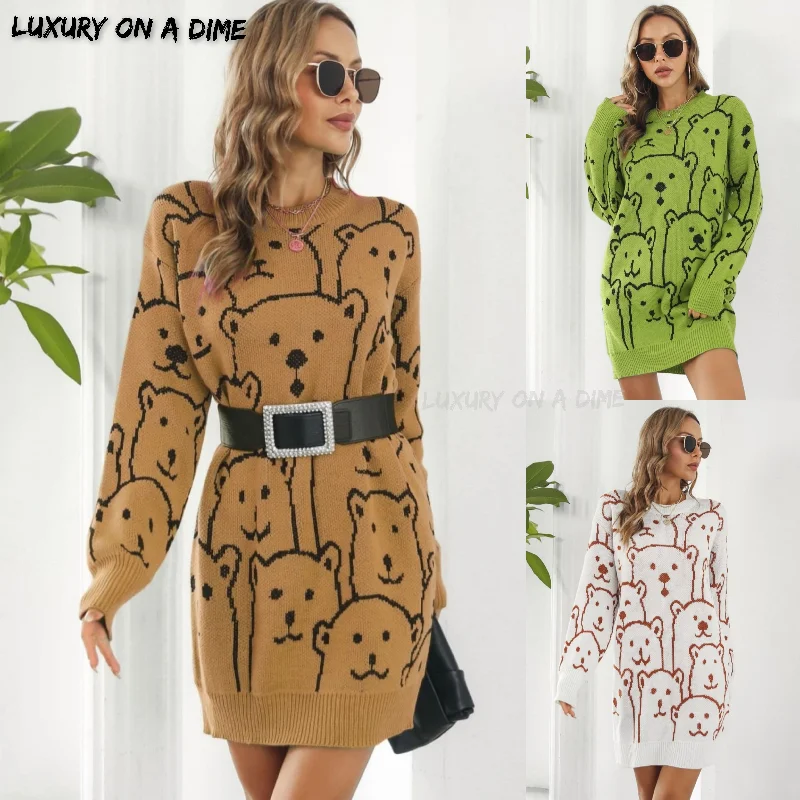 Polar Bear Round Neck Cozy Knit Long Sleeve Mini Sweater Dress Elegant Classic Vintage