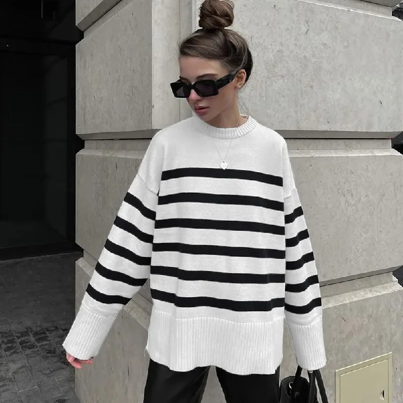(Buy 1 Get 1 ) Women Fashion Casual Stripe Round Neck Sweater Collared Crew Neck Turtle Neck