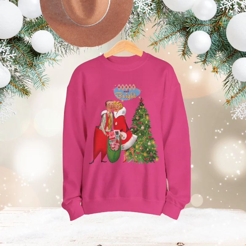 Retro 50s Kitsch Christmas Sweatshirt, Vintage Holiday Pullover, Mid Century Modern Festive Apparel Asymmetrical Neck Pullover