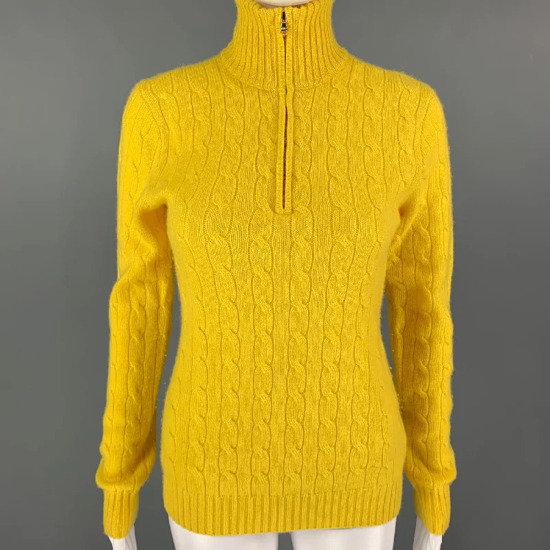 RALPH LAUREN Size M Yellow Cashmere Cable Turtleneck Sweater Knit Fabric Woven Fabric Fleece Fabric