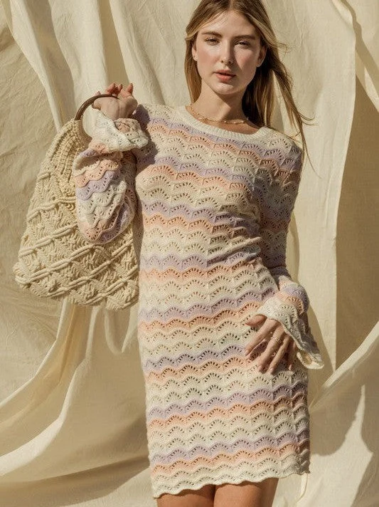 I Am Fashion Soft Pastel Bell Sleeve Sweater Mini Dress Mesh Blend Leather Blend Suede Blend