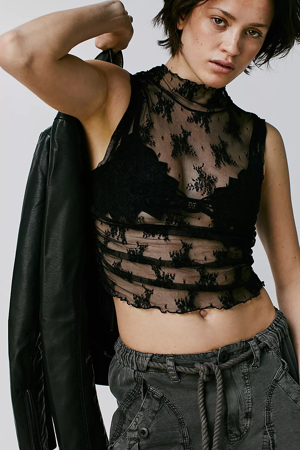 Free People Solid Nice Try Lace Muscle Tank Black long tank top