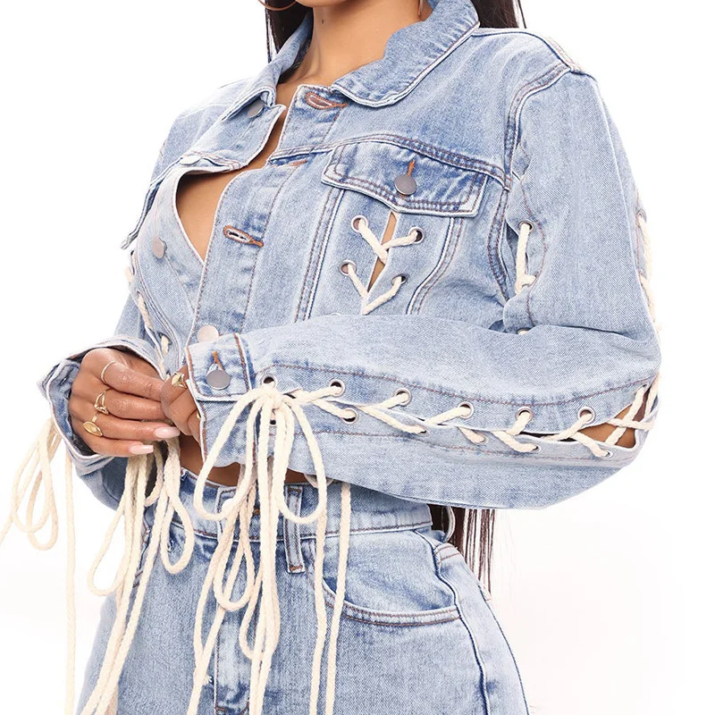 Women'S Fashion Strapping Denim Jacket Zippered Front Buttoned Front Snap Front