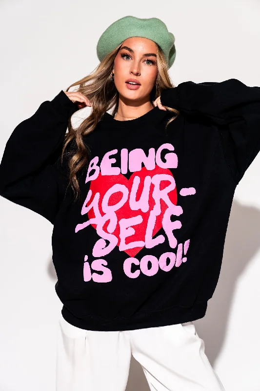 Being Yourself is Cool Puff Print Pullover in Black Mock Neck Pullover