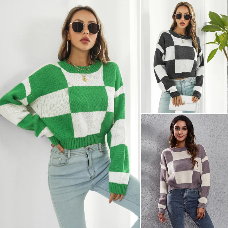 Women Simple Long Sleeve Plaid Jacquard Loose Knit Sweater Modern Contemporary Chic