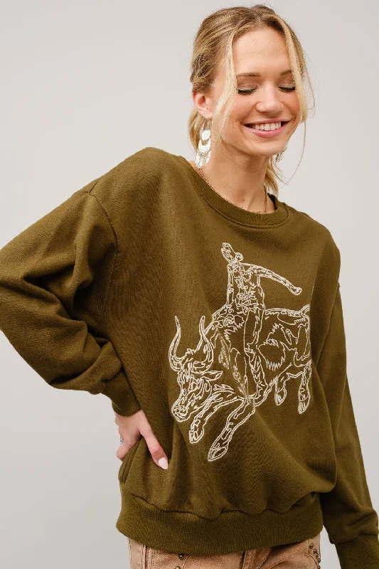 Embroidered Bull Riding Western Pullover by Blue B Notched Neck Pullover