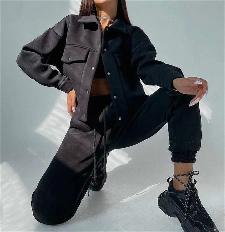 Women Solid Color Long-Sleeved Jacket And Pants 2pcs Set Denim Jacket Leather Jacket Suede Jacket