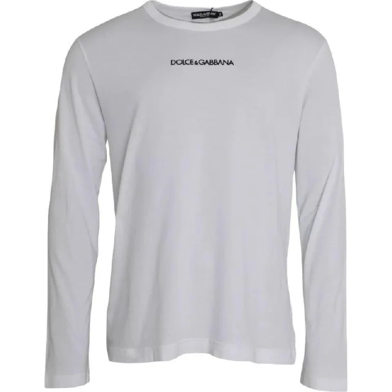Dolce & Gabbana White Logo Cotton Crew Neck Pullover Sweater Ruffle Sleeve Feminine