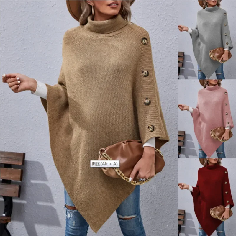 Autumn And Winter Women Fashion Button High Collar Irregular Sweater Shawl Coat Ribbed Striped Patterned
