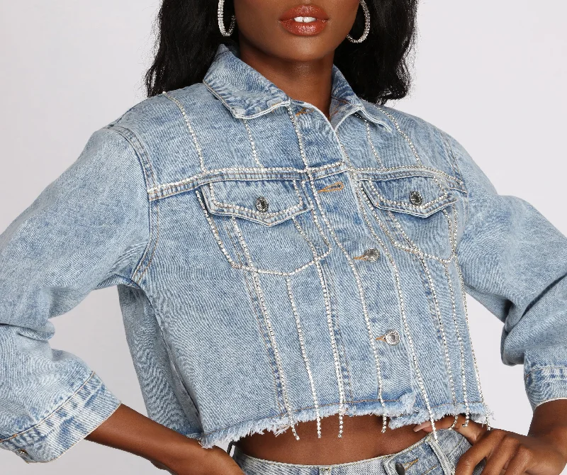 Drippin' In Rhinestones Crop Denim Jacket Quilted Jacket Puffer Jacket Insulated Jacket
