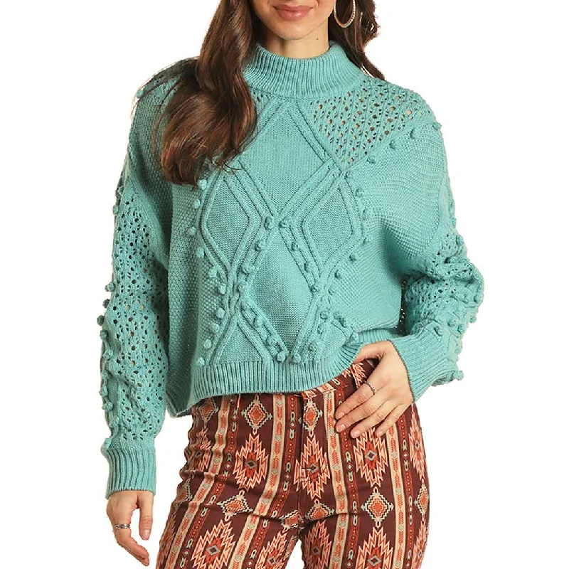 Rock & Roll Cowgirl Women's Pom Crochet Pullover Sweater Leg Sleeve Comfort