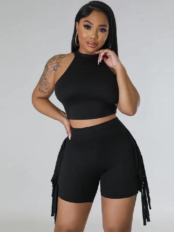 Two Pieces Sleeveless Tank Crop Top Tassels Shorts Set summer tank top