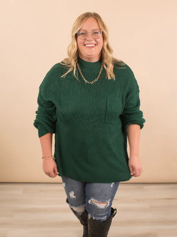 Wednesday Oversized Knit Sweater in Hunter Green Houndstooth Herringbone Solid