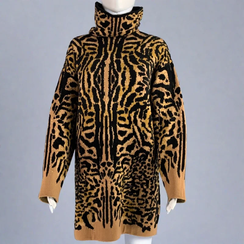 GIVENCHY Size XS Black Camel Wool Blend Leopard Turtleneck Sweater Welt Pockets Slit Pockets Flap Pockets