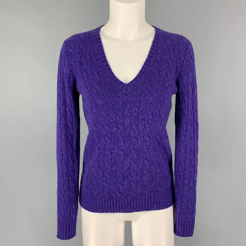 POLO by RALPH LAUREN Size M Purple Cashmere Cable Knit V-Neck Sweater Slim Fit Regular Fit Oversized