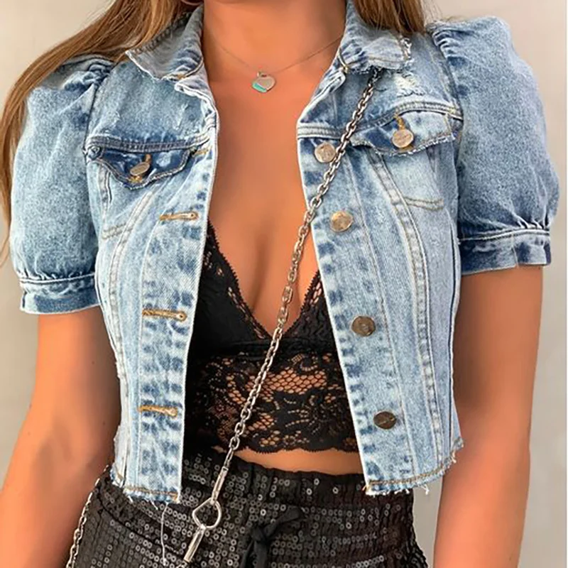2 Pieces  Women Fashion Vintage Frayed Denim Short Sleeve Single-Breasted Jacket Denim Jacket Leather Jacket Suede Jacket