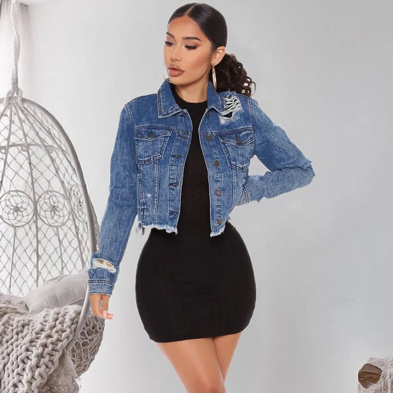 Women Personality Ripped Tassel Short Retro Long Sleeve Denim Jacket Welt Pockets Slit Pockets Flap Pockets