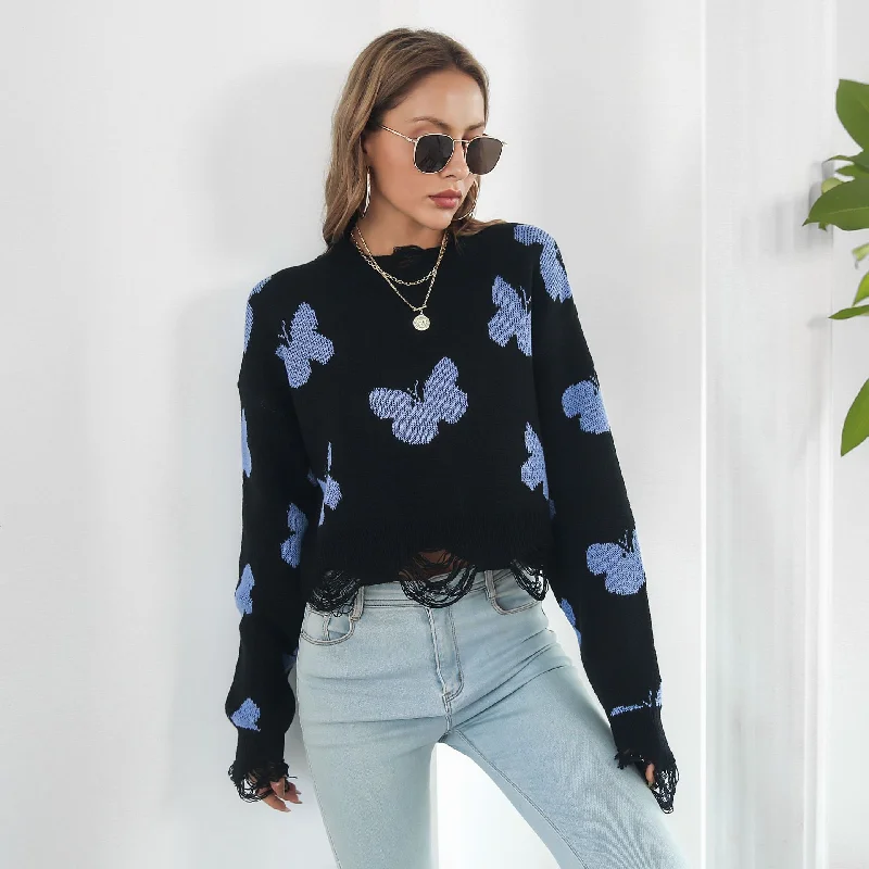 Women Fashion Butterfly Jacquard Long-Sleeved Short Knitted Sweater Denim Fabric Leather Fabric Suede Fabric