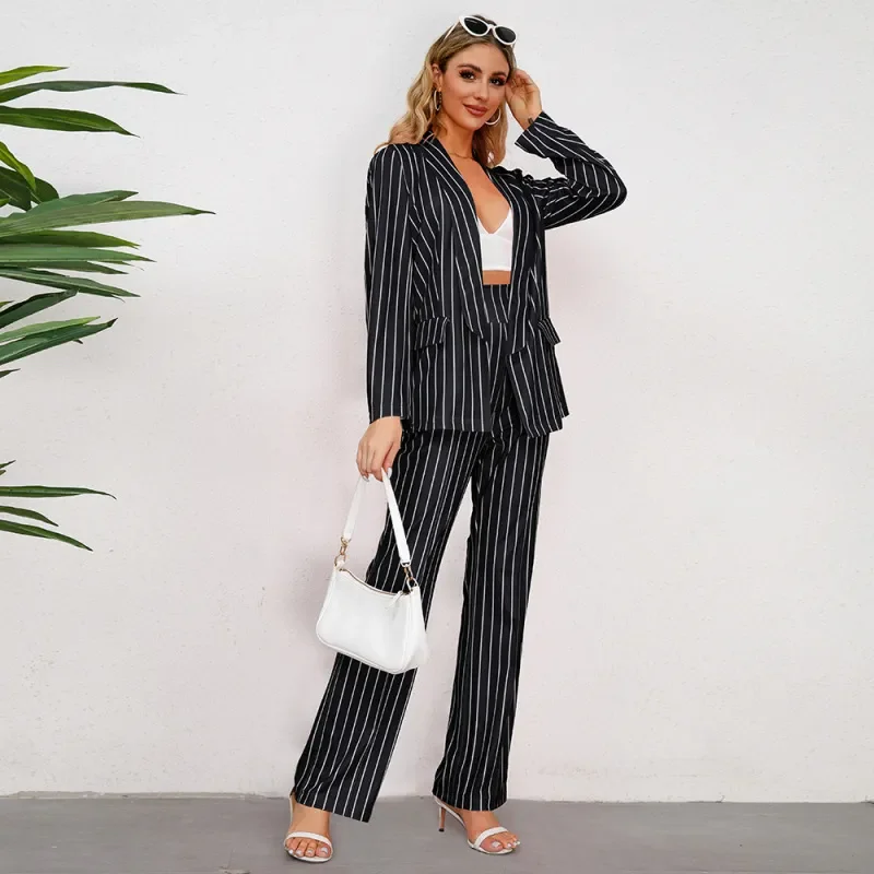 Women Fashion Casual Stripe Suit Jacket Straight Wide Pants Two-Piece Set Striped Jacket Polka Dot Jacket Floral Jacket